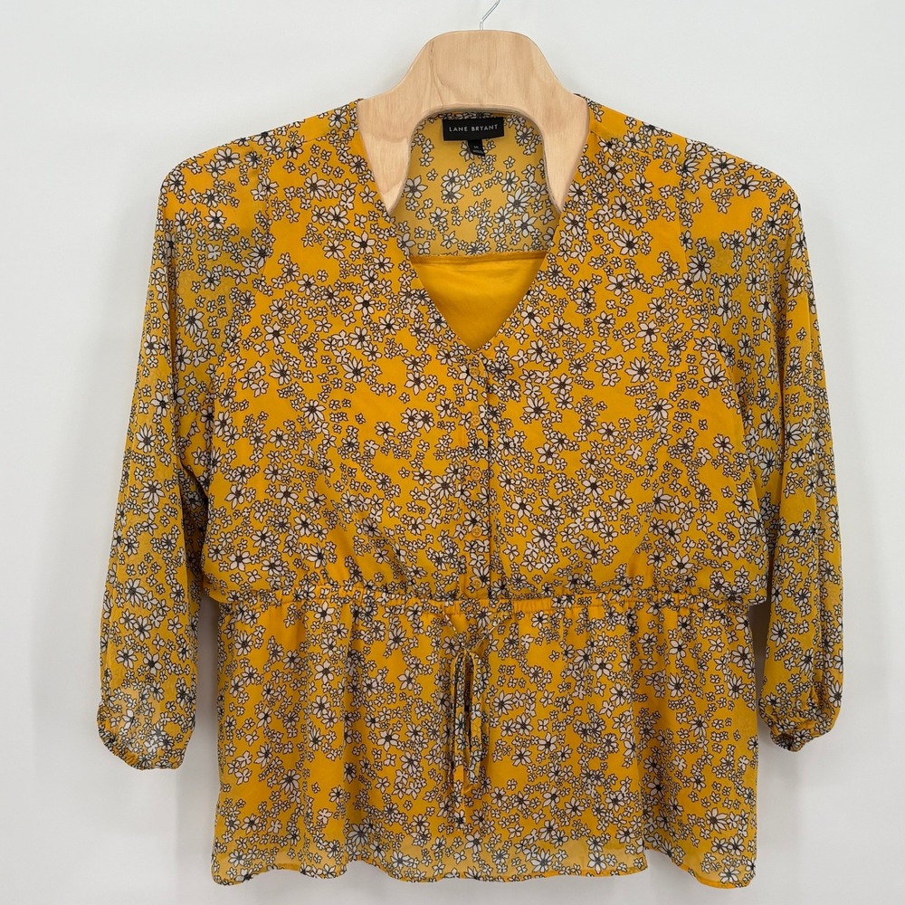 Lane Bryant Mustard Yellow Floral V-Neck Peplum Blouse‎ 3/4 Sleeve Plus Size 20